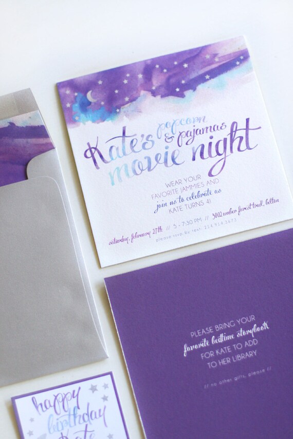 Printable Popcorn and Pajamas movie night invitation - Slumber party - Under the stars - Moon and stars - Girls Sleepover - Birthday party Il_570xn