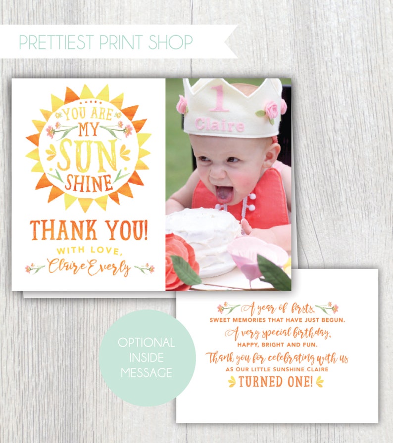 Printable You are my Sunshine birthday photo thank you card First birthday thank you message Bridal Baby shower notecard Customizable image 1