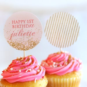 Printable cupcake toppers Pink and gold glitter party circles Favor tags Sparkle party Confetti party Girl birthday party Shower image 2