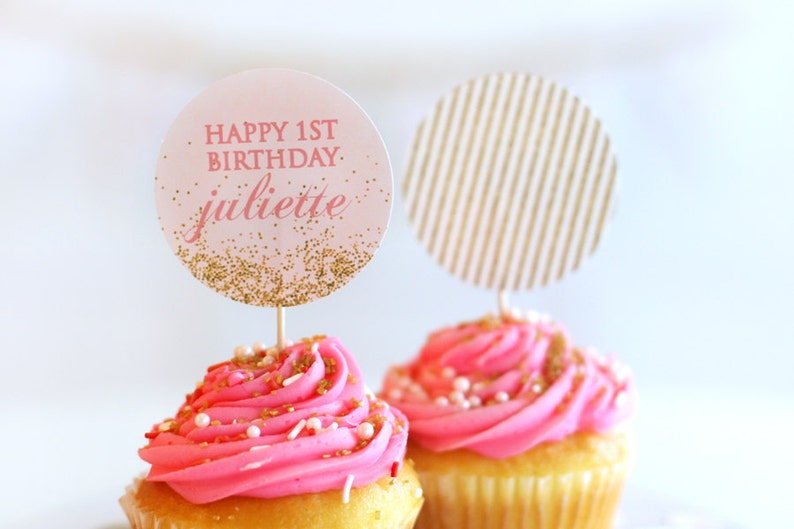 Printable cupcake toppers Pink and gold glitter party circles Favor tags Sparkle party Confetti party Girl birthday party Shower image 2