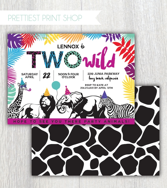 Printable Party Animals invitation - Two Wild - Wild One birthday party - Animal print - Pop art animals in party hats - Customizable Il_570xn