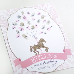 Printable pink and gold carousel thumbprint guestbook -  First birthday - Girls birthday - Customizable