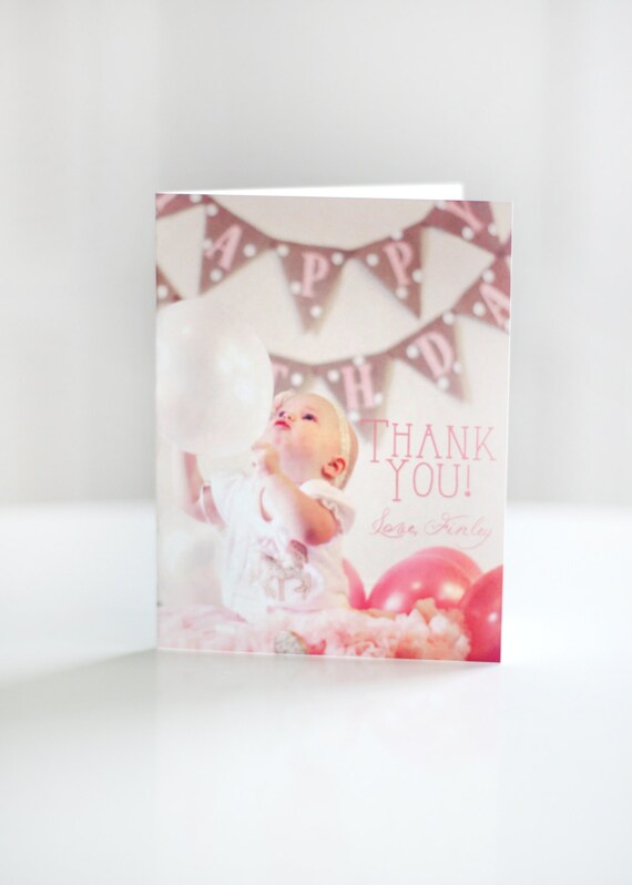 Printable pink and gold carousel thank you card with photo - First birthday - Girls birthday - Customizable Il_570xn