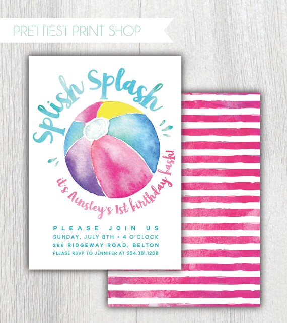 Printable Beach Ball birthday invitation - Summer pool party - Splish Splash its a birthday bash - First birthday Water party - Customizable Il_570xn