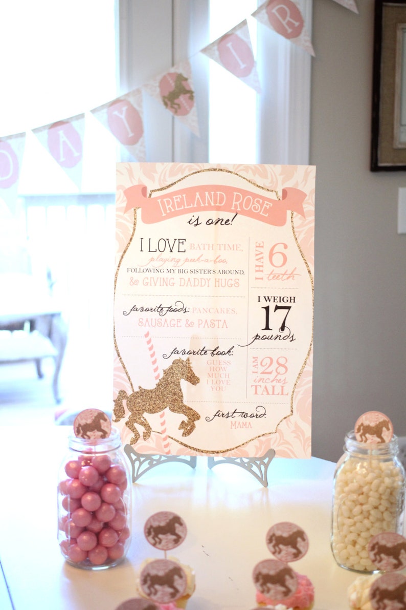 Birthday facts photo poster Pink and gold carousel party First birthday Birthday stats image 1