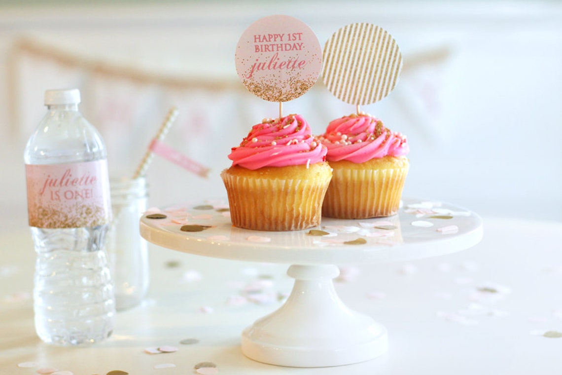 Printable Cupcake Toppers Pink and Gold Glitter Party | Etsy