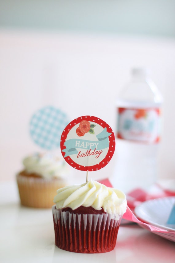 Printable Picnic Party cupcake toppers Floral Cabbage roses