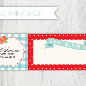 Printable wrap around address label - Picnic party - Cabbage roses - Gingham - Polka dot - Customizable