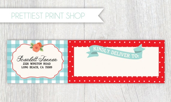 Printable wrap around address label - Picnic party - Cabbage roses - Gingham - Polka dot - Customizable Il_570xn