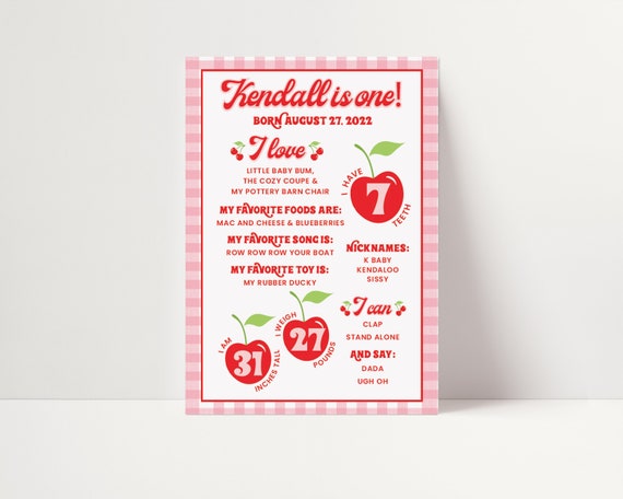 Birthday facts poster - Cherry on top - Gingham - Retro font - Fruit - Cherry First birthday - First birthday stats Milestone memory poster Il_570xn