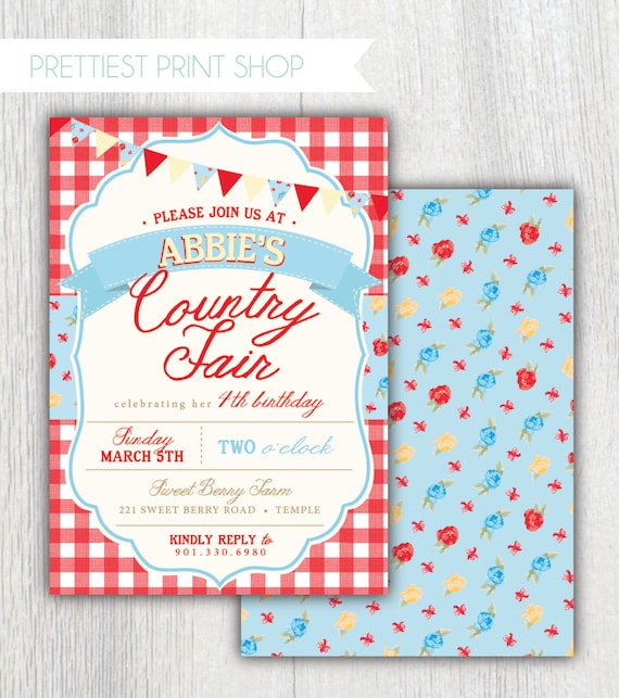Printable Country Fair invitation - Red Gingham Floral - Farmers Market - Picnic - Birthday party - Shower - Engagement party - Customizable Il_570xn
