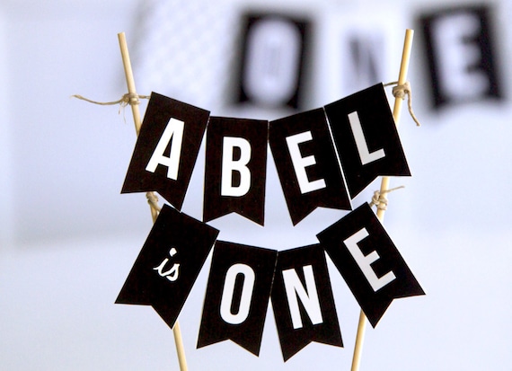 Printable monochrome cake topper pennant banner - Monochromatic party smash cake topper - Black and white - First birthday - Customizable Il_570xn