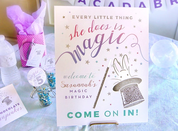 Printable Magic party welcome sign - Every little thing she does is magic - Silver Glitter - Pastels - Girl birthday party - Bunny in hat Il_570xn