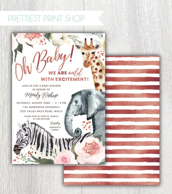 Printable Safari Glam baby shower shower invitation - Jungle Animals - Rose Gold Florals - Zebra Elephant Giraffe watercolor - Customizable Il_570xn