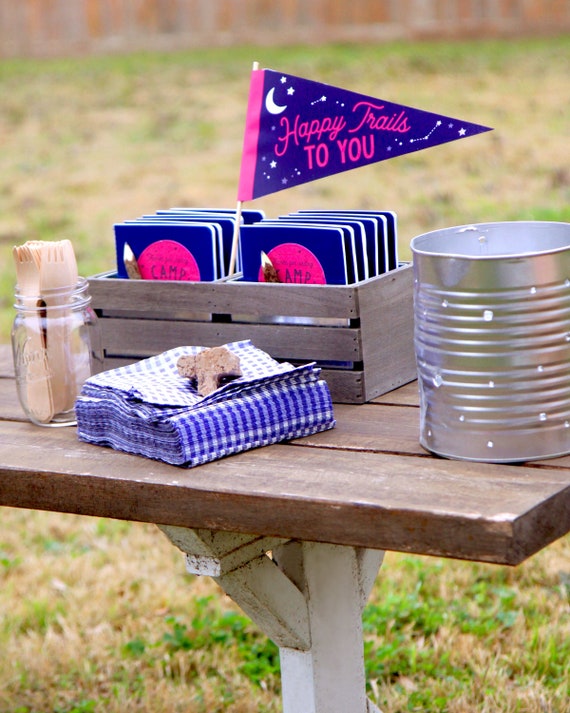 Happy Trails To You party sign - Camping party favor sign - Pennant sign - Under the stars - Tent Campfire Campout - Girls Glamping Il_570xn