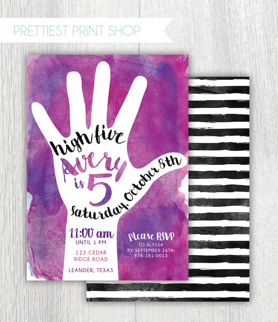 Printable 5th birthday invitation - High Five party - Watercolor invitation - Fifth Birthday party - Black stripes - Pink Purple watercolor Il_570xn
