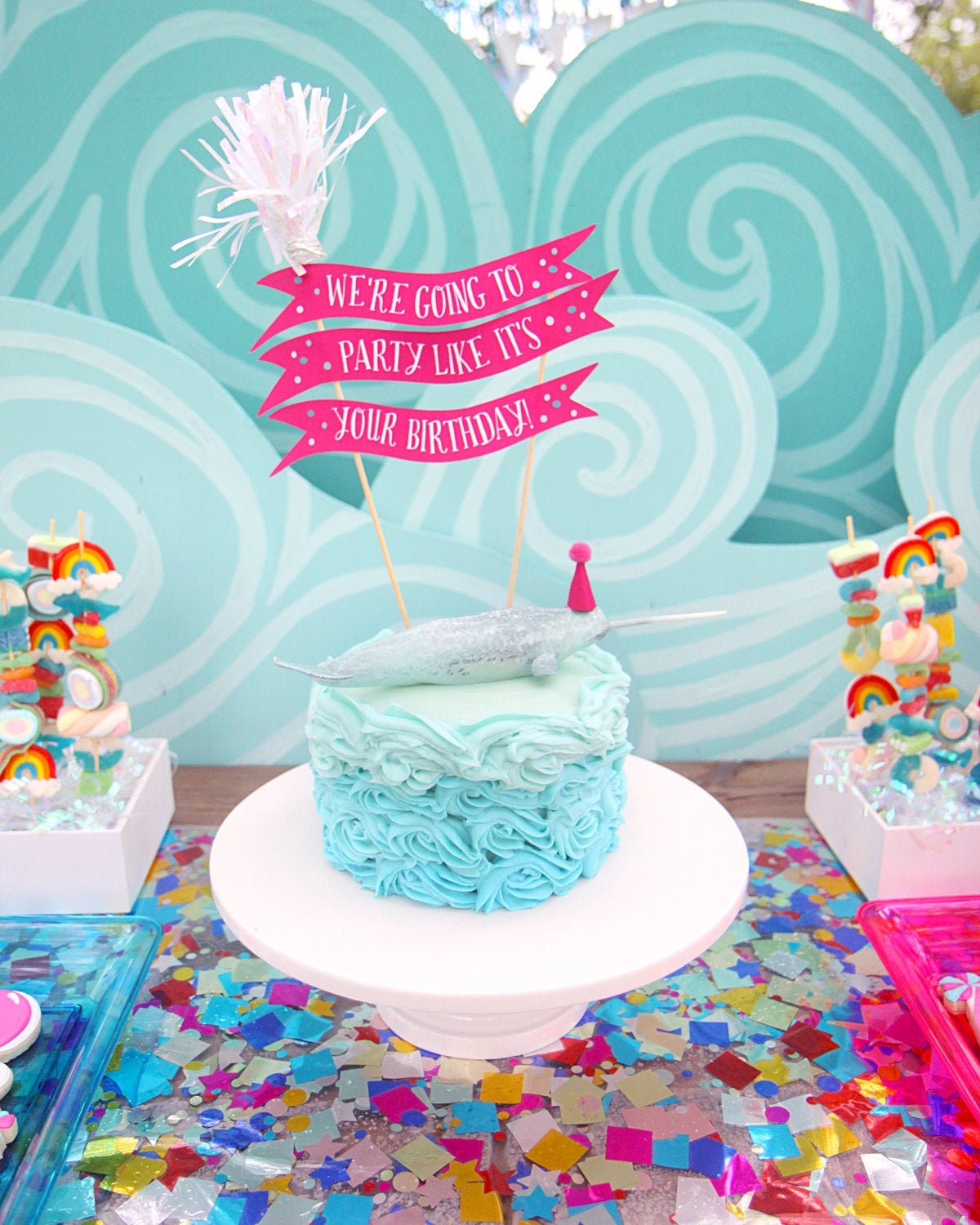 Happy Birthday Cake Topper Blue Rainbow Twinkle DIY Glitter First Birthday Cupcake Topper Cake Smash Candle Alternative Party Handmade