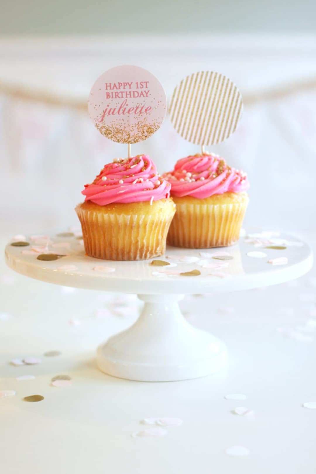 Printable Cupcake Toppers Pink and Gold Glitter Party Circles Favor ...