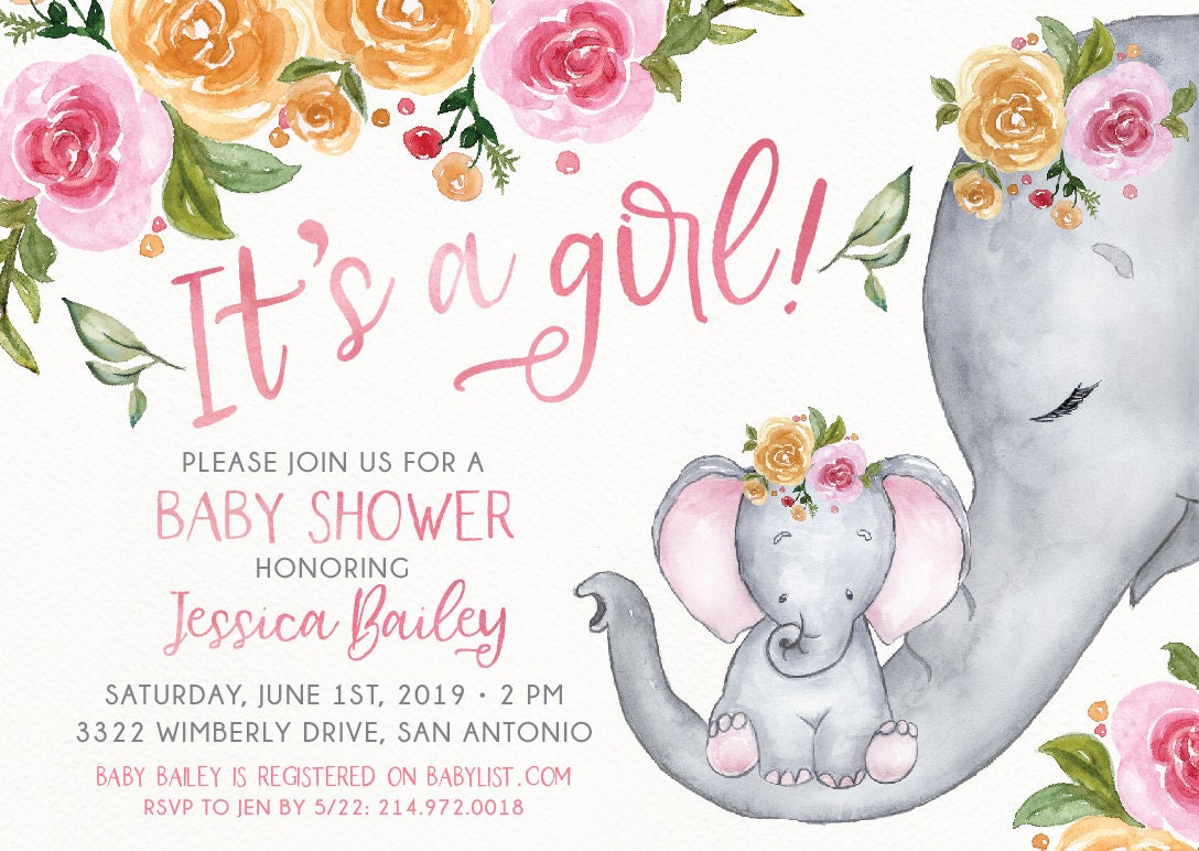 Printable Baby Shower Invitation Floral Elephant Its A Etsy 日本 Printable Baby Shower Invitation Floral Elephant Its A Etsy 日本