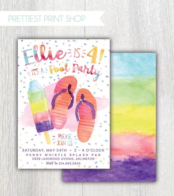 Printable Popsicle and Flip Flops birthday invitation - Summer pool party - Splash pad water party - Rainbow watercolor - Customizable Il_570xn