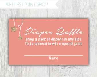 Printable diaper raffle ticket invitation enclosure - Twinkle Twinkle Little Star Baby Shower -  Pink and gold - Gold glitter - Customizable