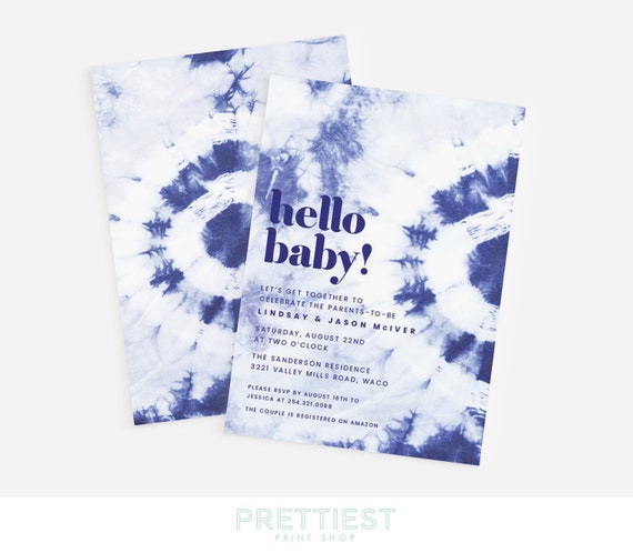 Tie Dye baby shower invitation - Hello Baby - Baby boy shower - Baby girl shower - Modern boho - Indigo Shibori - Customizable Il_570xn