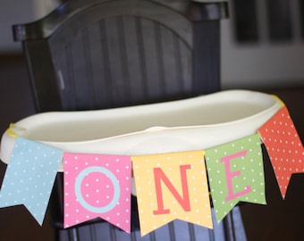 Printable high chair banner - One - Pennant banner - Polka dot party - Sprinkles party - Confetti party - First birthday - Customizable