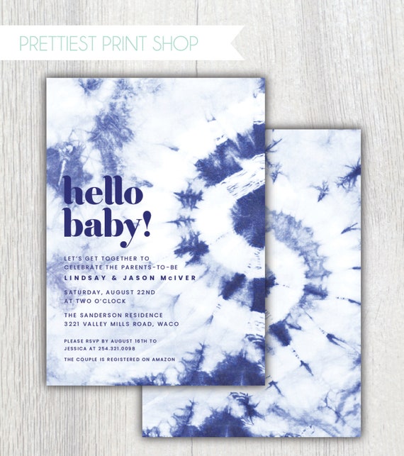 Printable Tie Dye baby shower invitation - Hello Baby - Baby boy shower - Baby girl shower - Modern boho - Indigo Shibori - Customizable Il_570xn