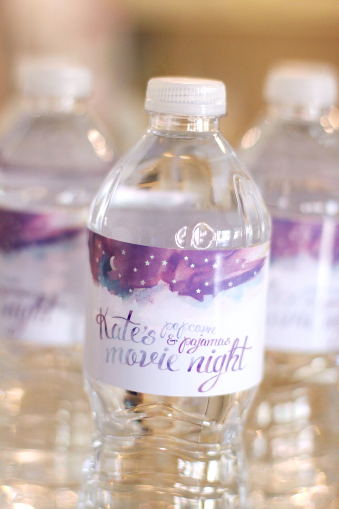 Movie Night Birthday Water Bottle Label Purple Watercolor | Etsy