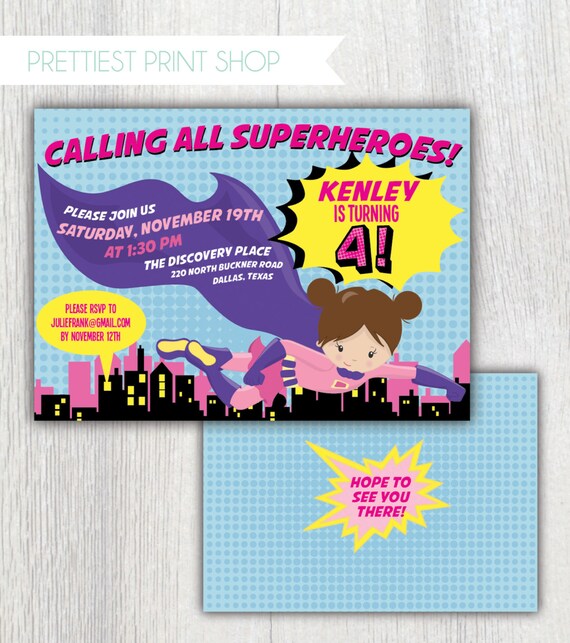 Printable superhero invitation - Girl superhero birthday party - Girls birthday - Fourth birthday - Superhero girl party - Customizable Il_570xn