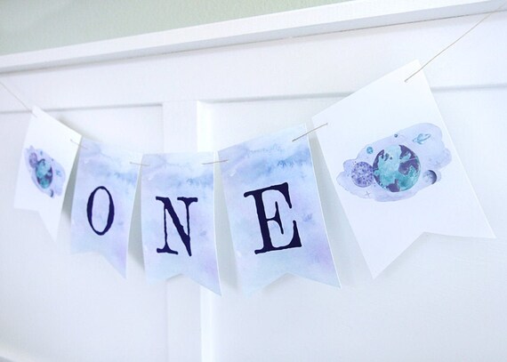 Outer space birthday high chair banner - First trip around the sun - One - Pennant banner - Planets Earth Galaxy Saturn - Customizable Il_570xn