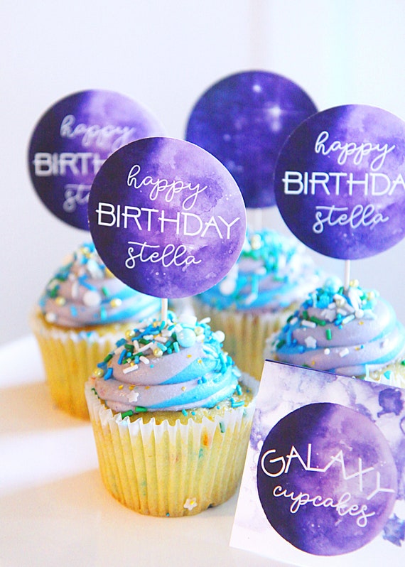 Galaxy birthday cupcake toppers - Two the Moon party decor - Stars constellations outer space - Second birthday - Customizable - Printable Il_570xn