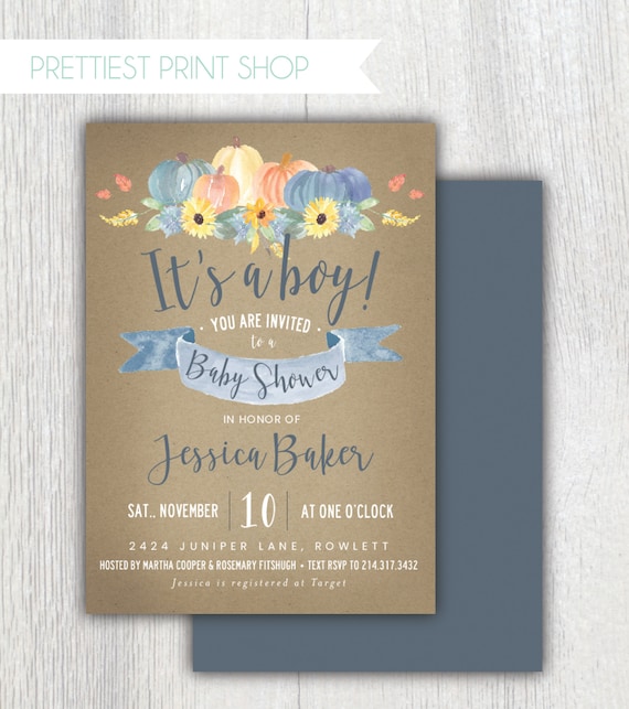 Printable floral pumpkin baby shower invitation - Its a boy - Kraft Watercolor Fall baby shower - Sunflowers - Orange and blue Customizable Il_570xn