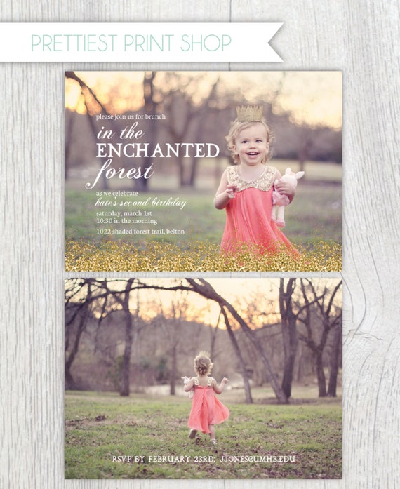 Printable gold glitter invitation with photo - Pink and gold - Enchanted forest - Princess party - Birthday invitation - Customizable Il_570xn