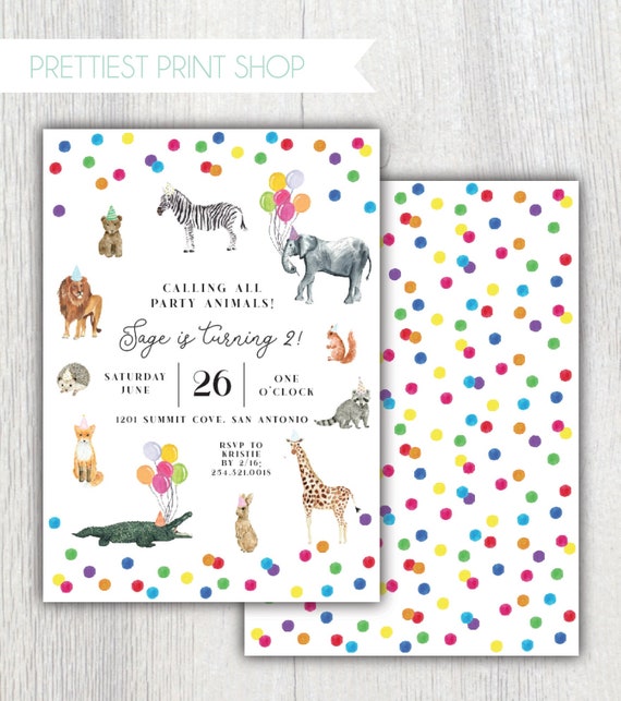 Printable Party Animals invitation - Two Wild - Wild One birthday party - Watercolor animals in party hats - Polkadot - Customizable Il_570xn