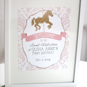 Printable pink and gold carousel welcome sign First birthday Girls birthday Customizable image 2