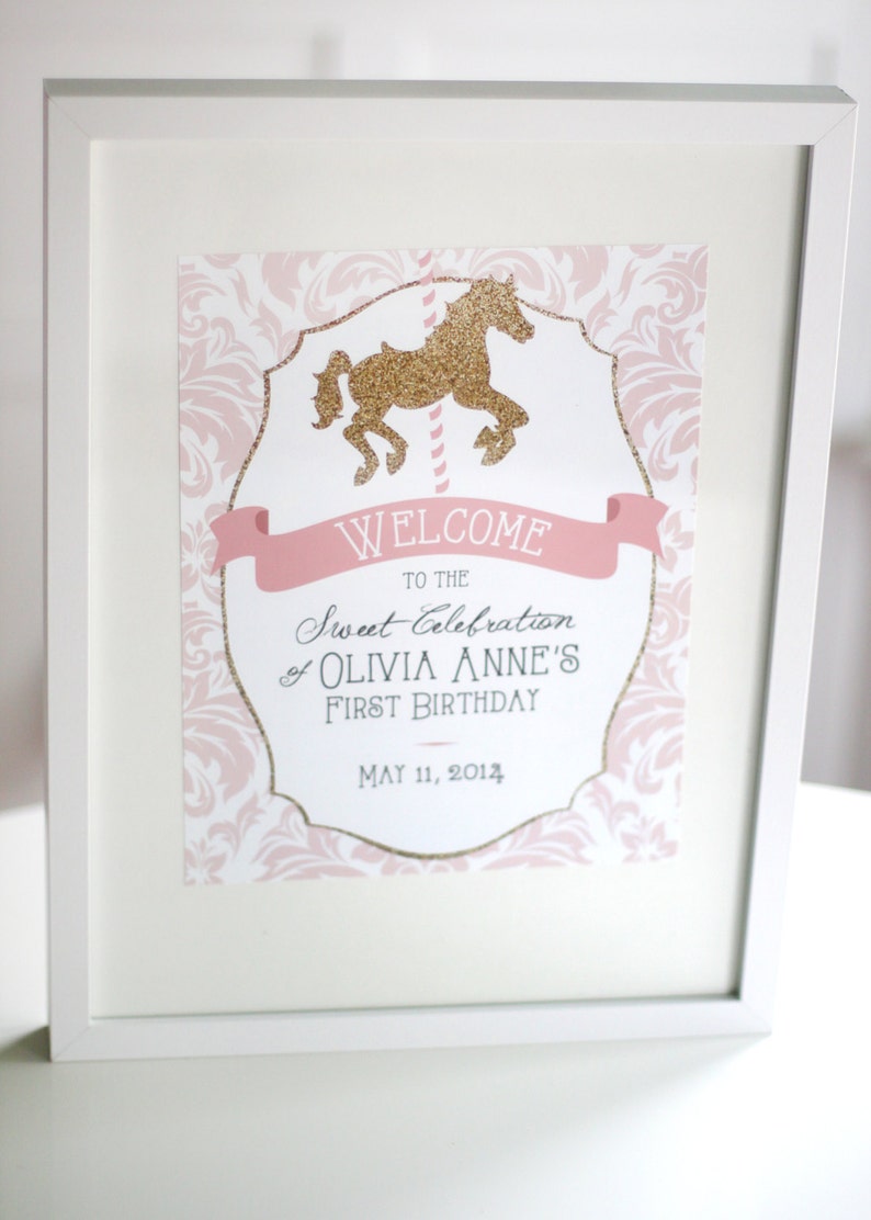 Printable pink and gold carousel welcome sign First birthday Girls birthday Customizable image 2