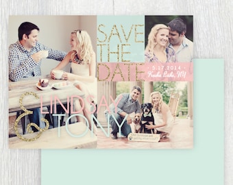 Printable Save The Date card with photos - Gold lettering - Pink and mint - Optional postcard back - Customizable