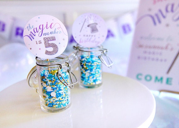 Printable Magic party cupcake toppers - Magic number - Silver Glitter - Pastels - Girl birthday party decor - Bunny in hat - Customizable Il_570xn
