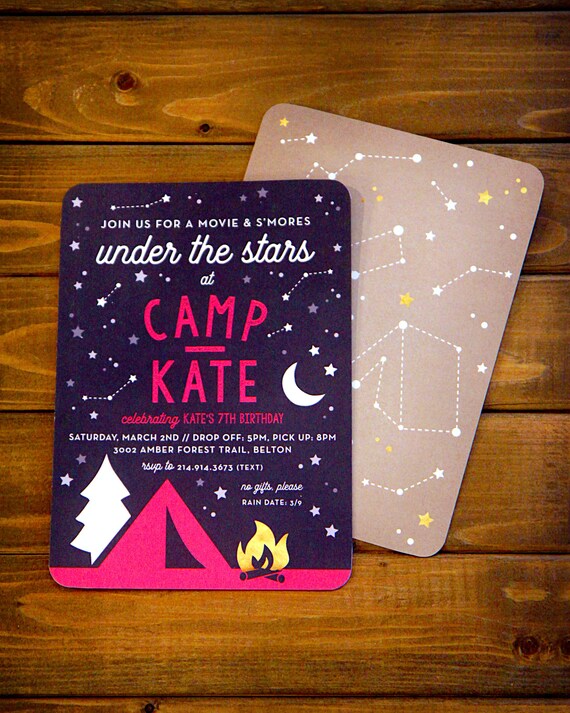 Printable Camping birthday invitation - Movie and S'mores under the stars - Constellations - Tent Campfire Campout - Girls Glamping party Il_570xn