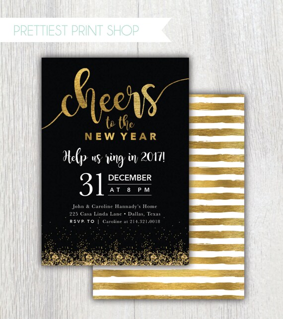 Printable New Years Eve party invitation - Cheers to the new year - Black and Gold glitter - Ring in the new year - New Year invitation Il_570xn