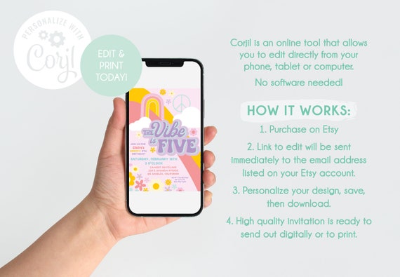 EDITABLE TEMPLATE - The Vibe is Five birthday invitation - 60s 70s party - Groovy Psychedelic Swirls Daisies Peace Hippie - Pastel Rainbow Il_570xn