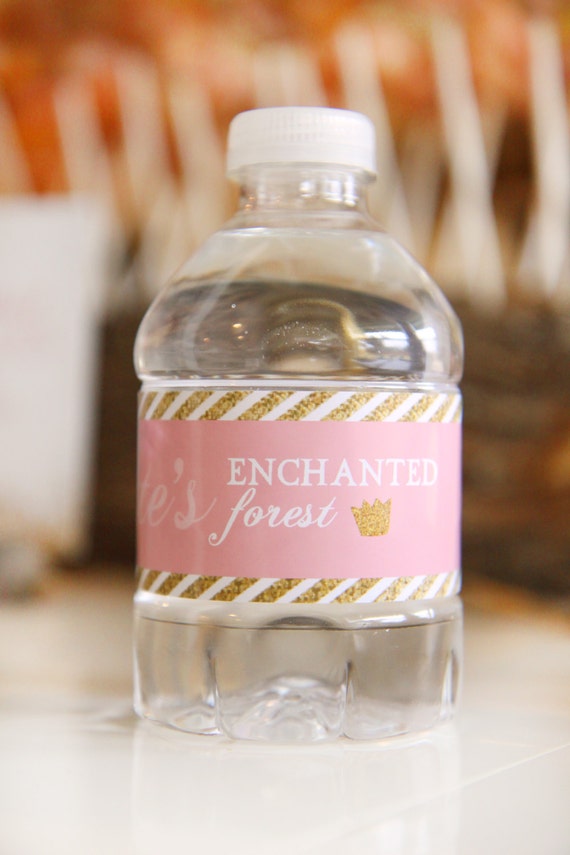 Pink and gold glitter water bottle labels - Gold stripes - Enchanted forest - Princess party - Girls birthday - Customizable Il_570xn