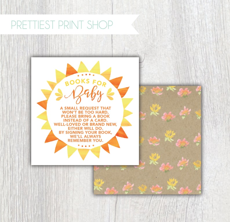 Printable book insert cards You are my Sunshine Bring a book instead of a card Baby shower Floral Books for baby Customizable image 1