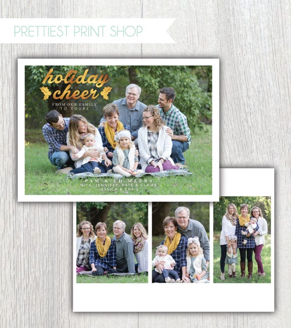 Printable Christmas card with photos - Holiday cheer from our family to yours - Gold lettering - Photo back - Holiday card - Customizable Il_570xn