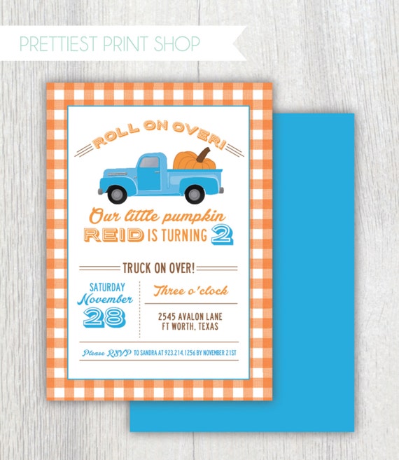 Printable fall truck birthday invitation - Our little pumpkin - Vintage pickup truck - Pumpkin in truck - Orange gingham - Customizable Il_570xn