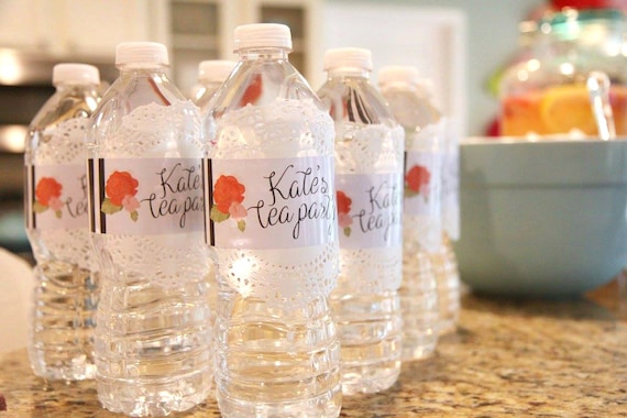 Printable tea party water bottle labels - Floral - Black and white stripes - Birthday party - Bridal shower - Customizable Il_570xn