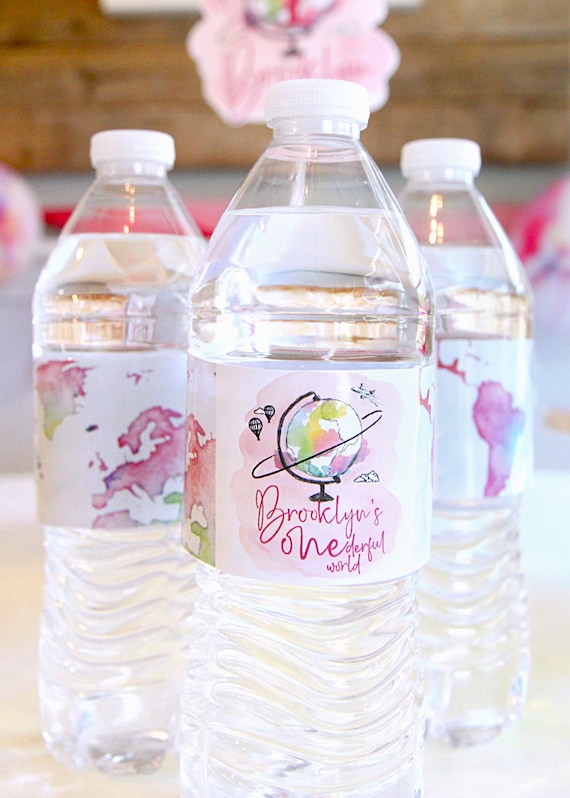 ONEderful World water bottle labels - Drink tags - Party decor - Globe - Hot air balloon - Airplane - Travel - First birthday - Customizable Il_570xn