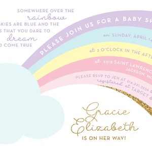 Printable Rainbow birthday invitation Pastel rainbow Clouds Gold glitter Rainbow party Rainbow Baby shower Customizable image 3