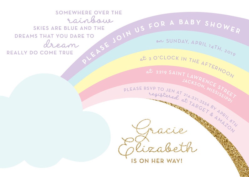 Printable Rainbow birthday invitation Pastel rainbow Clouds Gold glitter Rainbow party Rainbow Baby shower Customizable image 3